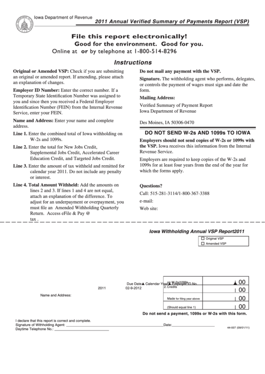 Form 44-007 - Annual Verified Summary Of Payments Report (Vsp) - 2011 Printable pdf