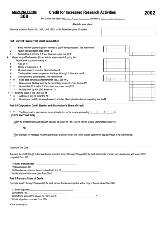 Arizona Form 308 - Credit For Increased Research Activities - 2002 Printable pdf