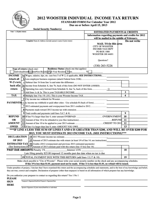 Individual Income Tax Return - City Of Wooster - 2012 Printable pdf