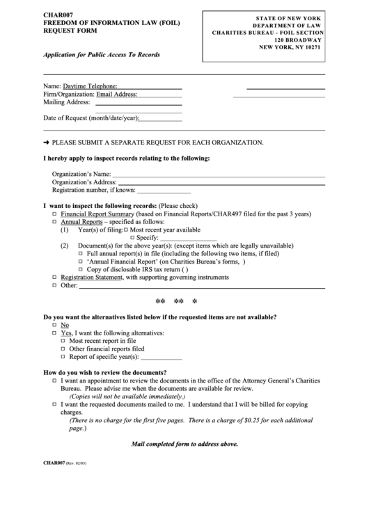 Form Char007 - Freedom Of Information Law (Foil) Request Form - State Of New York Department Of Law Printable pdf