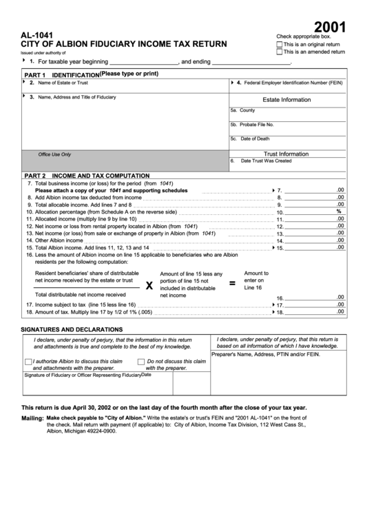 Form Al-1041 - City Of Albion Fiduciary Income Tax Return - 2001 Printable pdf