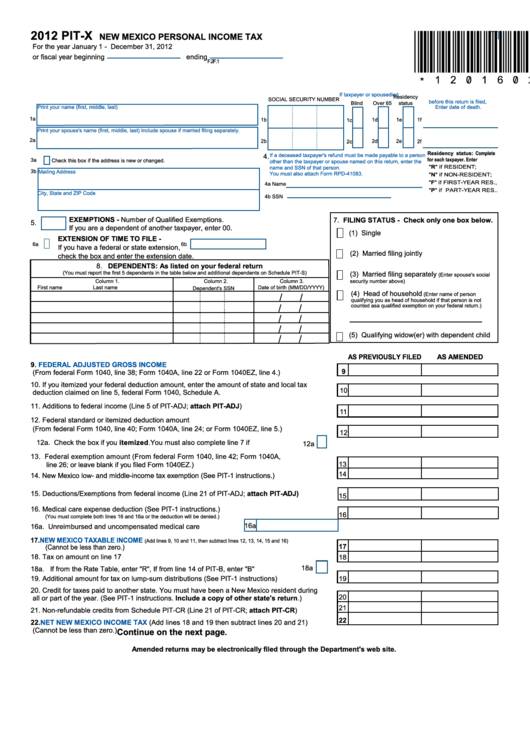 Form Pit-X - New Mexico Personal Income Tax - 2012 Printable pdf