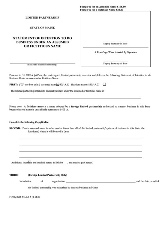 Fillable Form Mlpa-5 - Statement Of Intention To Do Business Under An Assumed Or Fictitious Name - Maine Secretary Of State Printable pdf