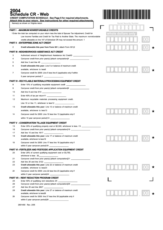Schedule Cr-Web - Credit Computation Shedule - 2004 Printable pdf