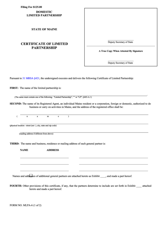 Fillable Form Mlpa-6 - Certificate Of Limited Partnership Printable pdf