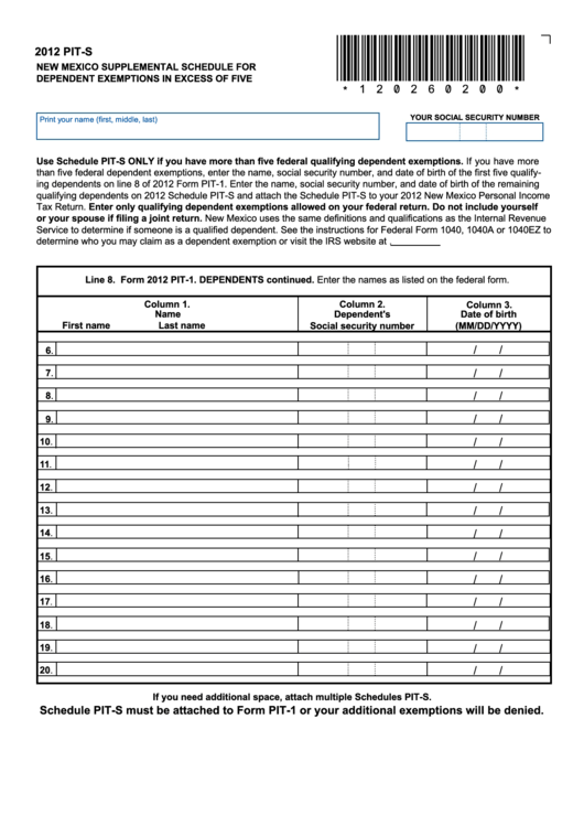 Form Pit-S - New Mexico Supplemental Schedule For Dependent Exemptions In Excess Of Five - 2012 Printable pdf