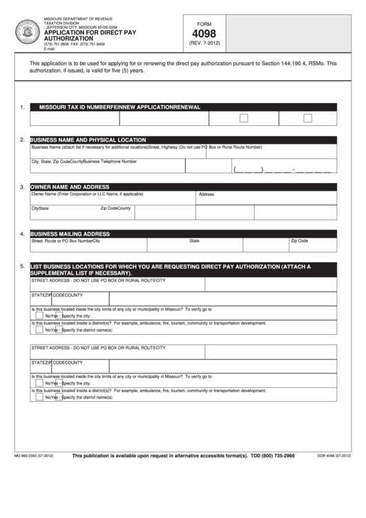 Fillable Form 4098 - Application For Direct Pay Authorization - Missouri Department Of Revenue Printable pdf