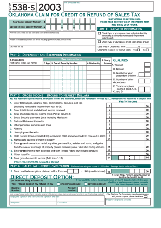 Fillable Form 538-S - Claim For Credit Or Refund Of Sales Tax - 2003 Printable pdf