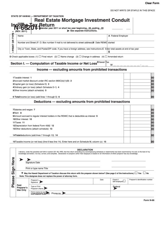 Fillable Form N-66 - Real Estate Mortgage Investment Conduit Income Tax Return - 2011 Printable pdf