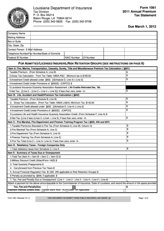 Fillable Form 1061 - Annual Premium Tax Statement - Louisiana Department Of Insurance - 2011 Printable pdf
