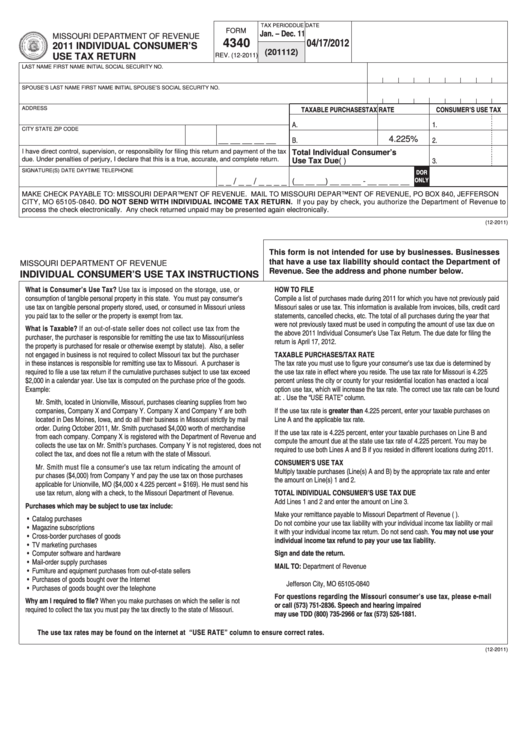Fillable Form 4340 - Missouri Department Of Revenue - Individual Consumer