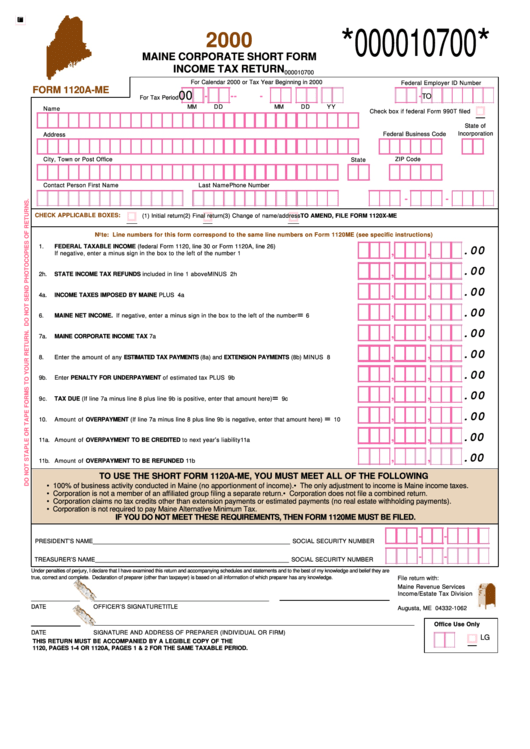 Form 1120a-Me - Maine Corporate Short Form Income Tax Return - 2000 Printable pdf