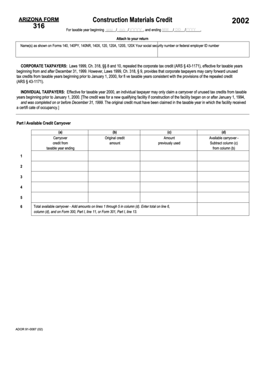 Arizona Form 316 - Construction Materials Credit - 2002 Printable pdf