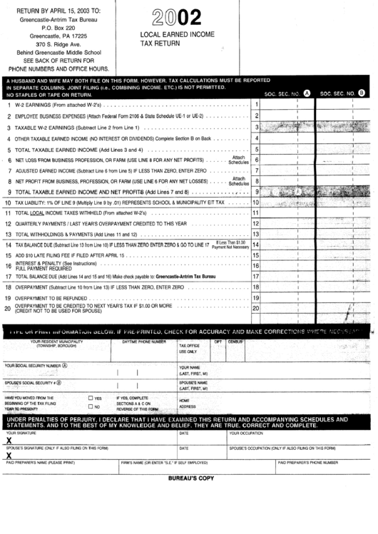 Local Earned Income Tax Return - Greencastle-Antrim, 2002 Printable pdf