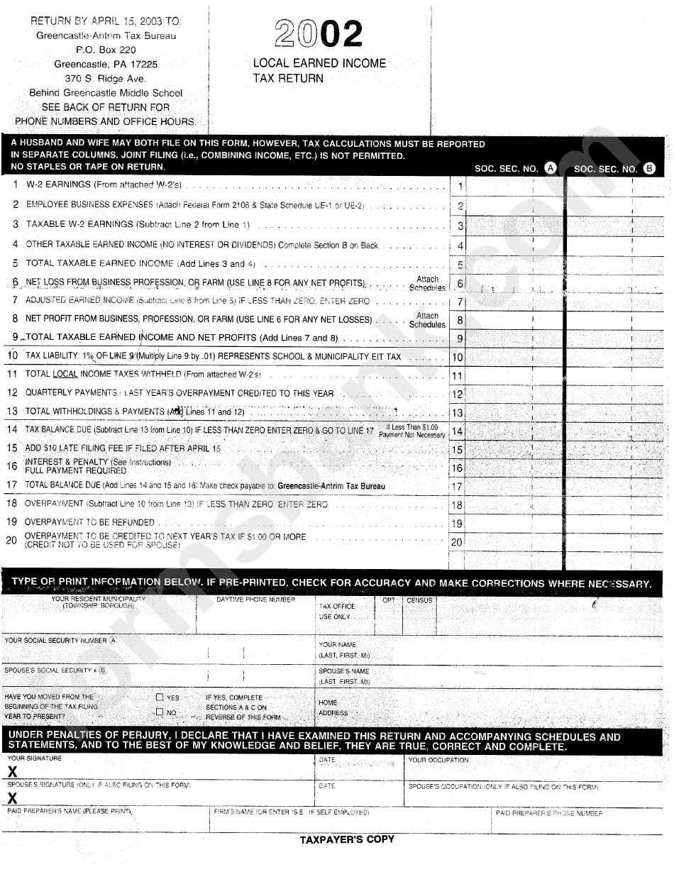 Local Earned Income Tax Return - Greencastle-Antrim, 2002