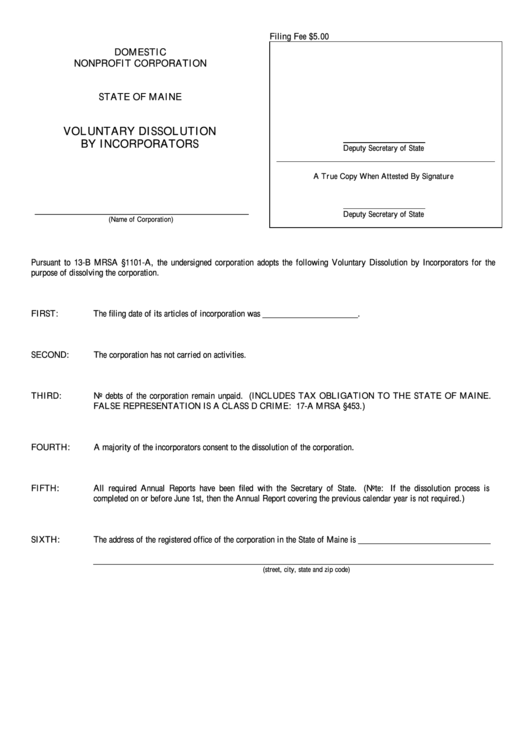 Form Mnpca-11e - Voluntary Dissolution By Incorporators - Maine Secretary Of State