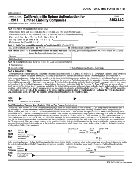 Fillable Form 8453-Llc - California E-File Return Authorization For Limited Liability Companies - 2011 Printable pdf