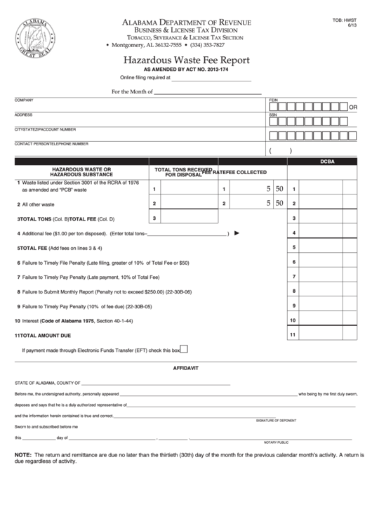 Hazardous Waste Fee Report Form Printable pdf