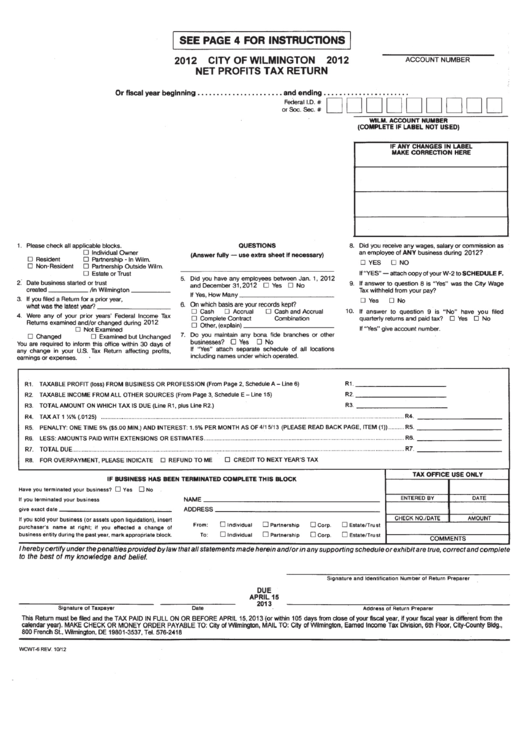 Form Wcwt-6 - Net Profits Tax Return - City Of Wilmington, 2012 Printable pdf