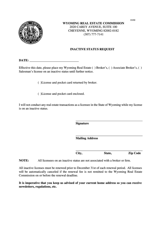 Inactive Status Request Form- Wyoming Real Estate Commission Printable pdf
