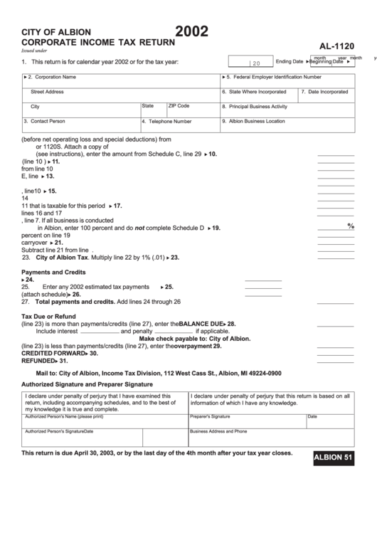 Form Al-1120 - Corporate Income Tax Return - City Of Albion - 2002 Printable pdf