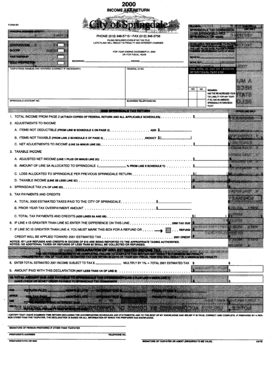 Form Br - Income Tax Return - City Of Springdale, 2000 Printable pdf