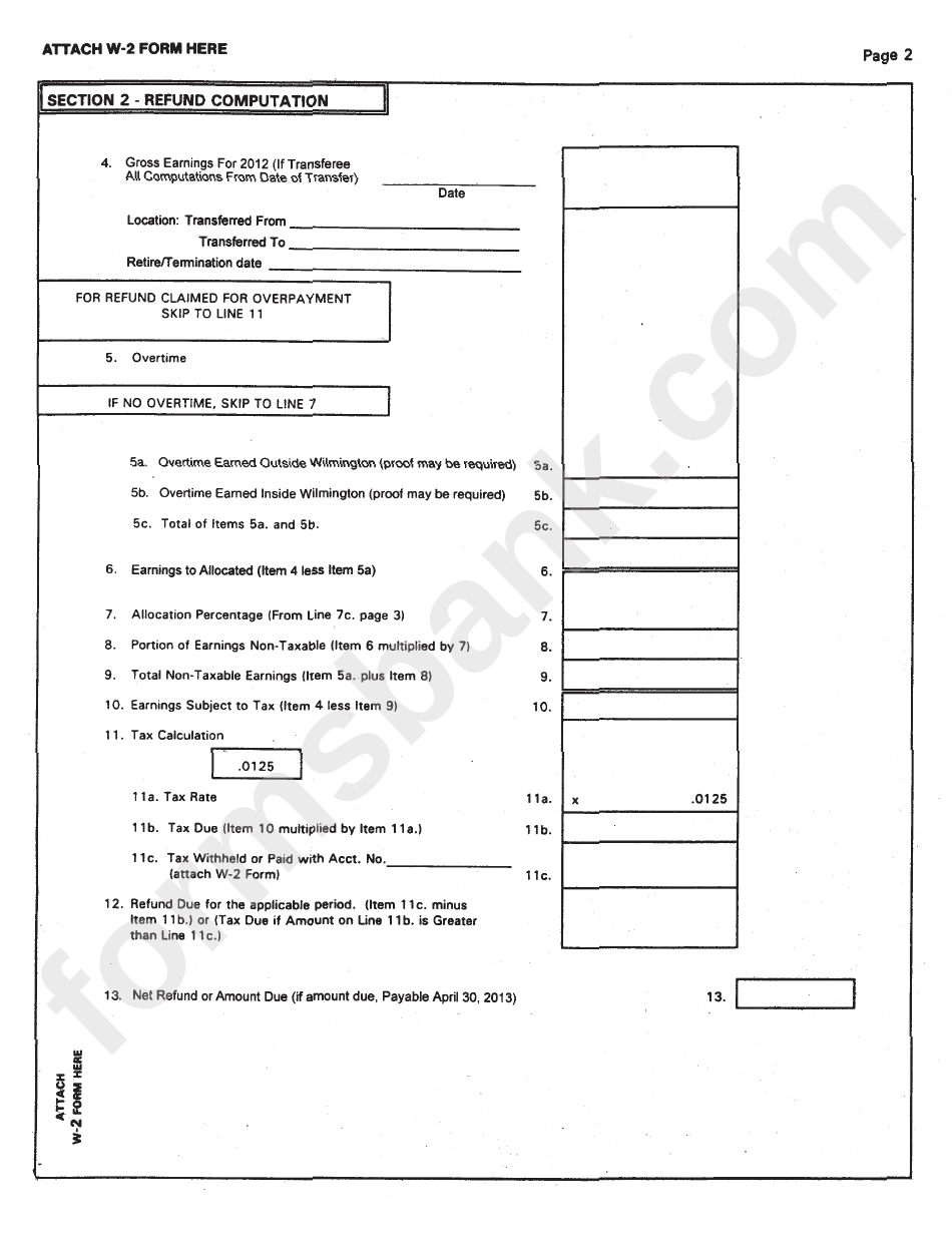 Form Wcwt-5 - Application For Refund Of Wage Tax - Wilmington City, 2012