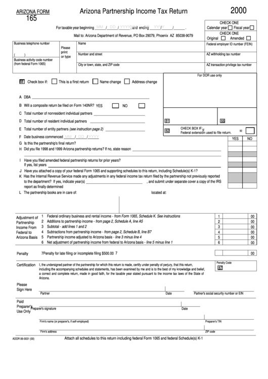 Form 165 - Arizona Partnership Income Tax Return - 2000 Printable pdf