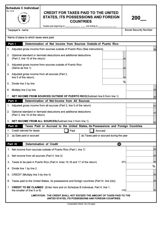 Schedule C Individual - Credit For Taxes Paid To The United States, Its Possessions And Foreign Countries Printable pdf