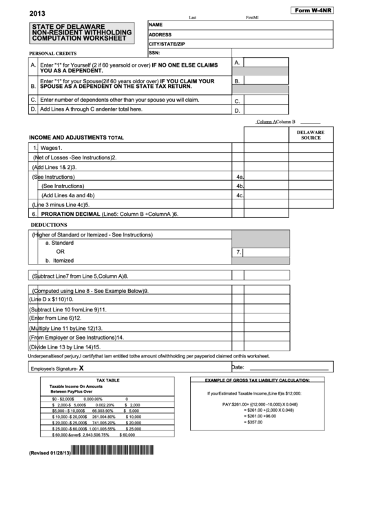 Fillable Form W-4nr - Non-Resident Withholding Computation Worksheet - 2013 Printable pdf