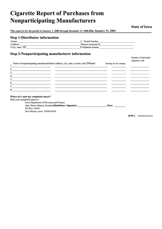 Form 70-019a - Cigarette Report Of Purchases From Nonparticipating Manufacturers Printable pdf