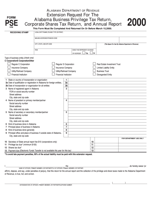 Form Pse - Extension Request For The Alabama Business Privilege Tax Return, Corporate Shares Tax Return, And Annual Report - 2000 Printable pdf