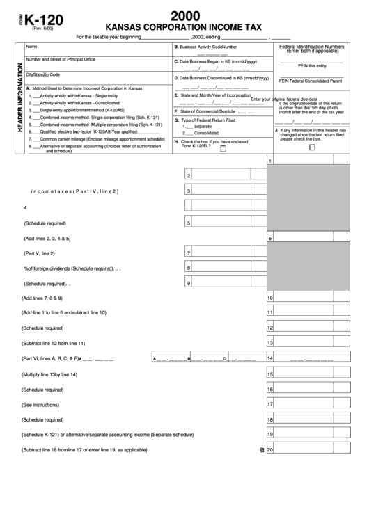 Form K-120 - Kansas Corporation Income Tax - 2000 Printable pdf