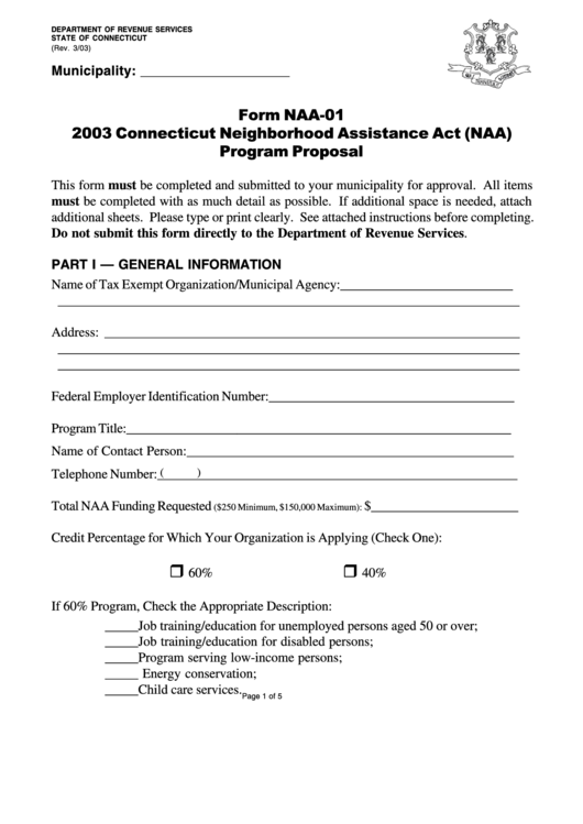 Form Naa-01 - Connecticut Neighborhood Assistance Act (Naa) Program Proposal - 2003 Printable pdf