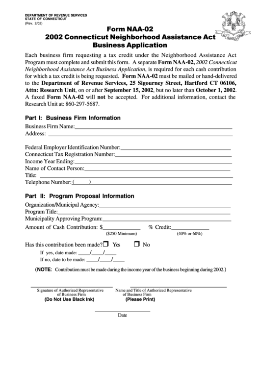 Form Naa-02 - Connecticut Neighborhood Assistance Act Business Application - 2002 Printable pdf