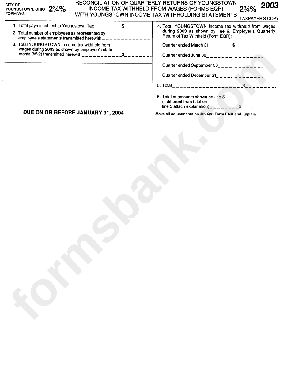 Form W-3 - Income Tax Withheld From Wages (Forms Eqr) With Youngstown Income Tax Withholding Statements - 2003