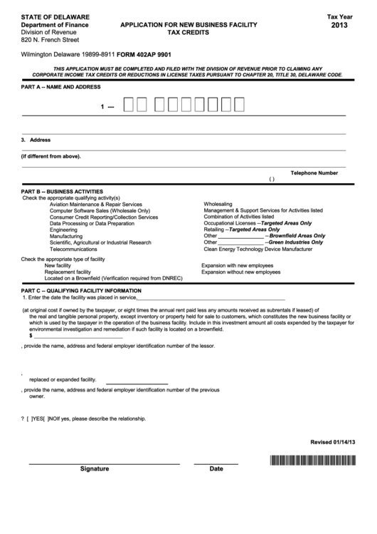 Fillable Form 402ap 9901 - Application For New Business Facility Tax Credits - 2013 Printable pdf