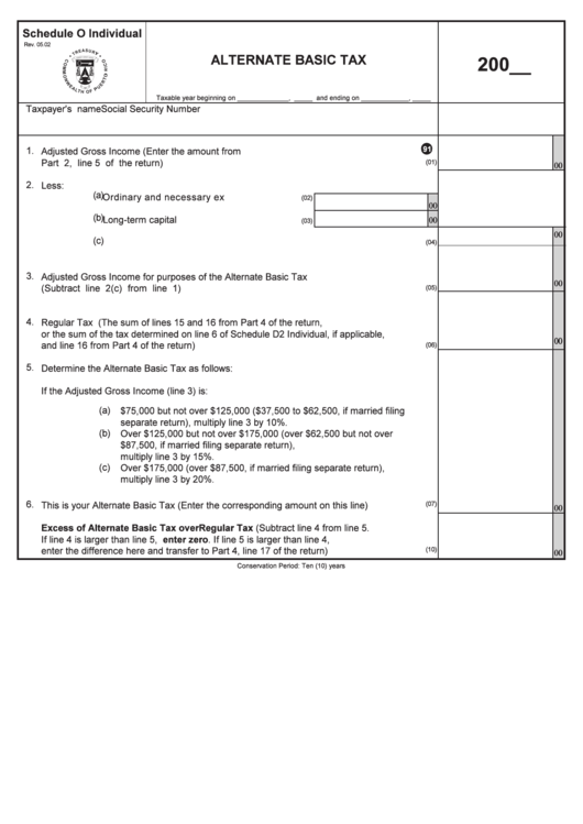 Schedule O Individual - Alternate Basic Tax Printable pdf