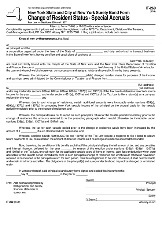 Form It-260 - Change Of Resident Status - Special Accruals Printable pdf