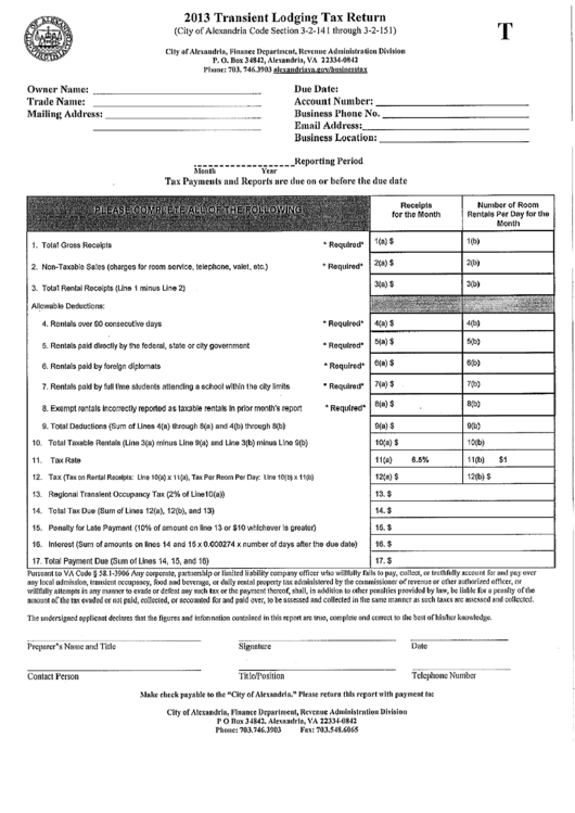 Transient Lodging Tax Return Form - City Of Alexandria - 2013 Printable pdf