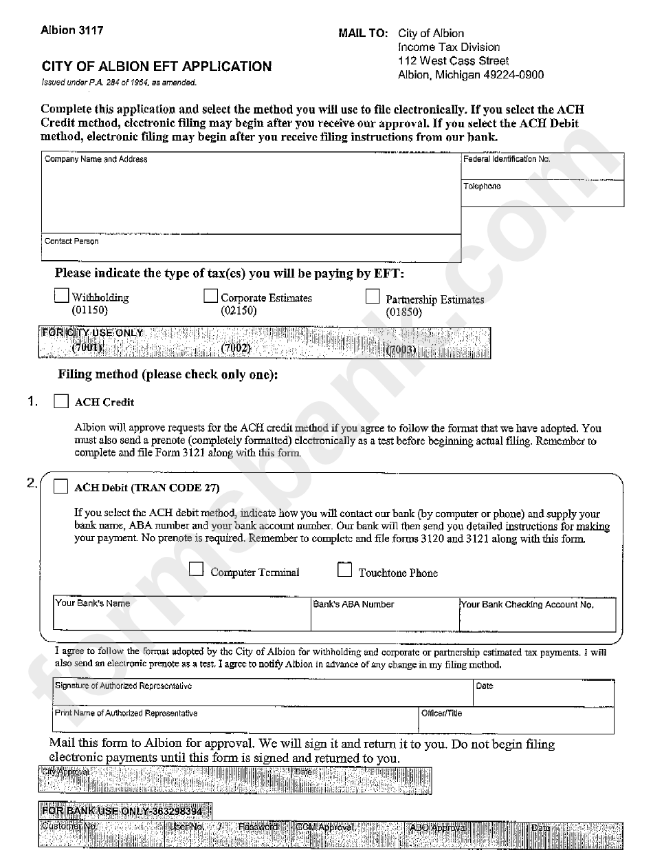 Form 3117 City Of Albion Eft Application printable pdf download