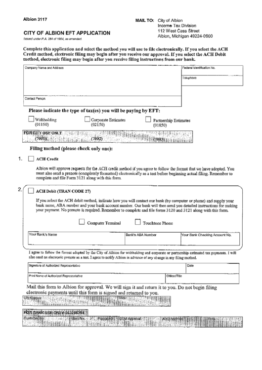 Form 3117 - City Of Albion Eft Application printable pdf download