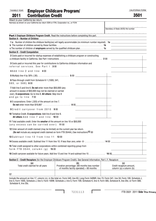 California Form 3501 - Employer Childcare Program/ Contribution Credit - 2011 Printable pdf