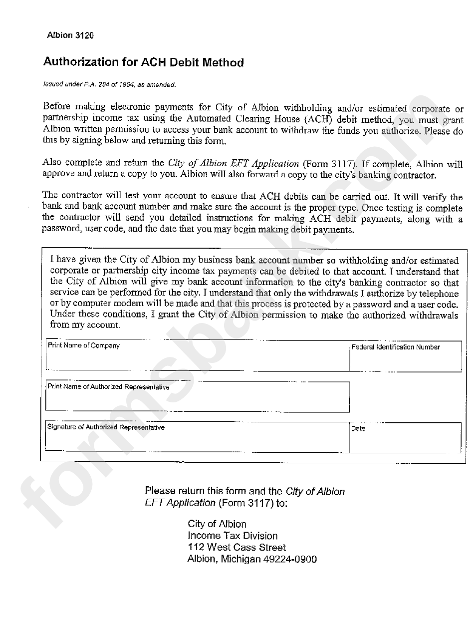 Form 3120 - Authorization For Ach Debit Method - City Of Albion