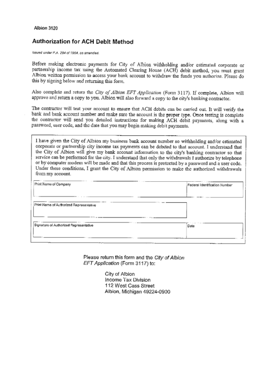 Form 3120 - Authorization For Ach Debit Method - City Of Albion Printable pdf
