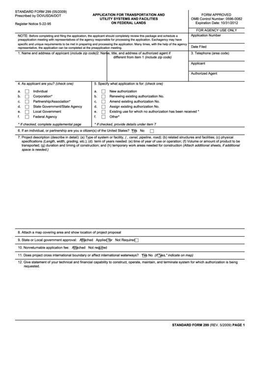 Form 299 - Application For Transportation And Utility Systems And Facilities On Federal Lands - 2009 Printable pdf