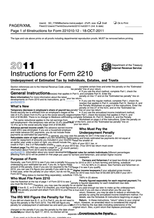 Instructions For Form 2210 - Underpayment Of Estimated Tax By Individuals, Estates, And Trusts - 2011 Printable pdf