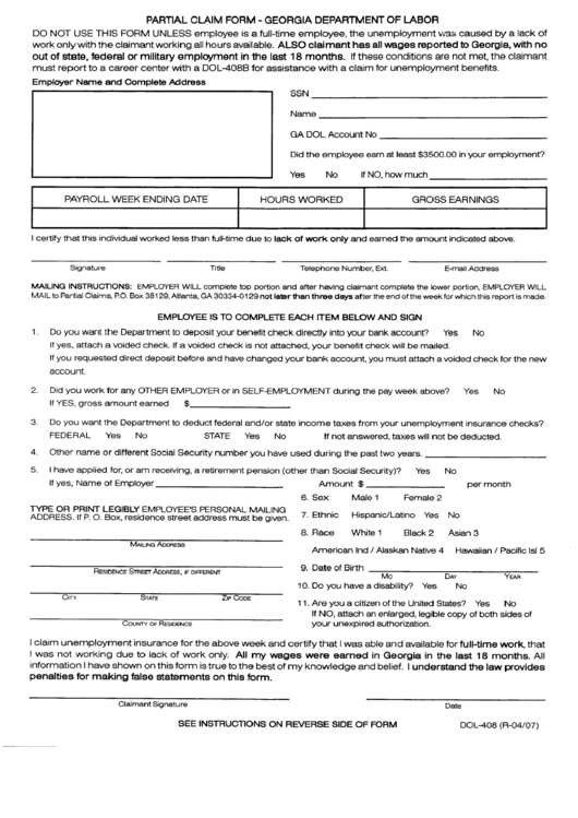 Form Dol-408 - Partial Claim Printable pdf