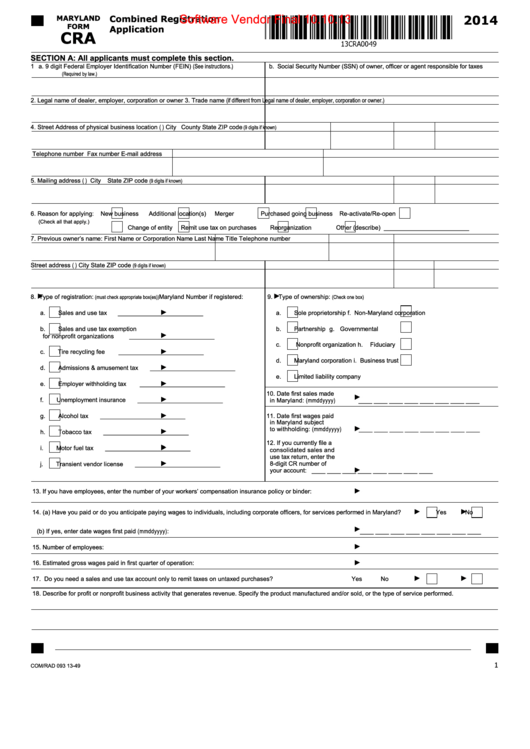 Form Cra - Combined Registration Application - 2014 Printable pdf
