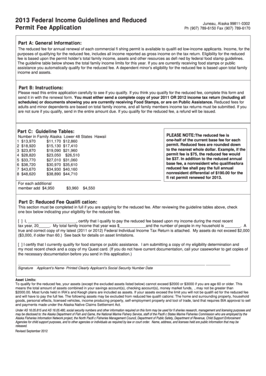 2013 Federal Income Guidelines And Reduced Permit Fee Application Form Printable pdf